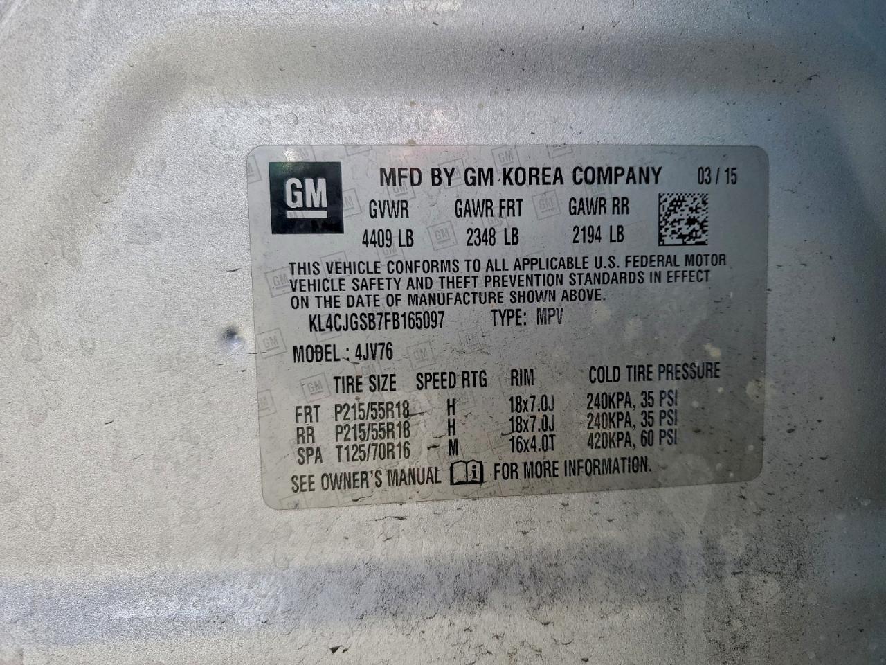 2015 Buick Encore VIN: KL4CJGSB7FB165097 Lot: 93246005