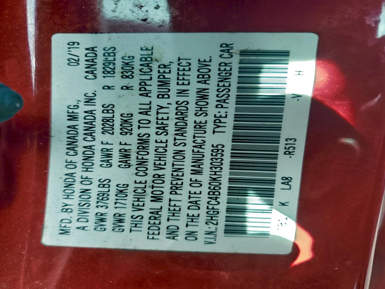 2019 Honda Civic Lx VIN: 2HGFC4B60KH303595 Lot: 93989005