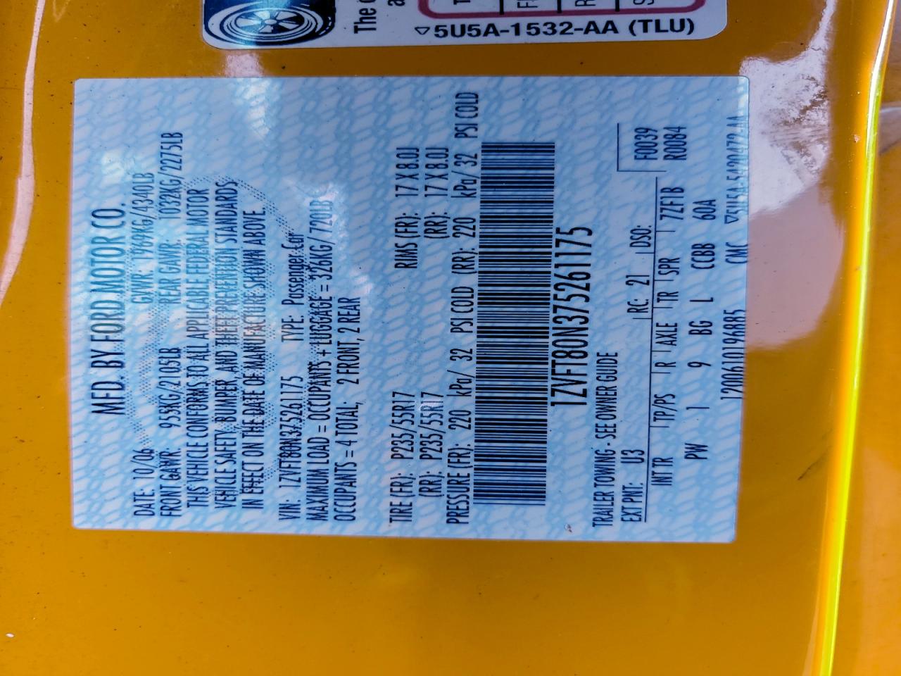 2007 Ford Mustang VIN: 1ZVFT80N375261175 Lot: 93411035