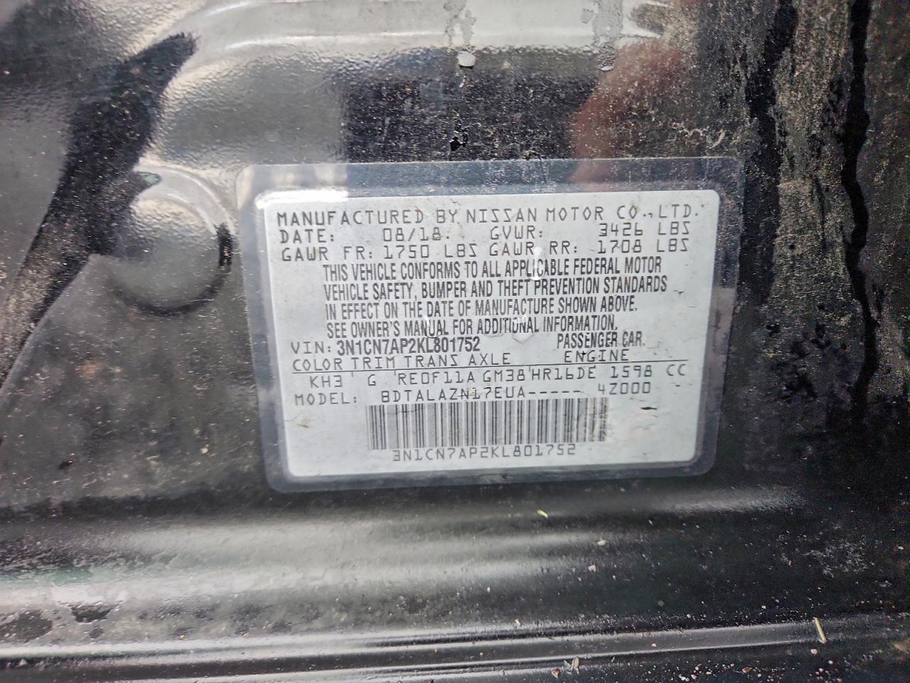 2019 Nissan Versa S VIN: 3N1CN7AP2KL801752 Lot: 94303885