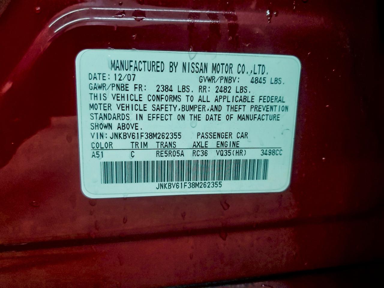 2008 Infiniti G35 VIN: JNKBV61F38M262355 Lot: 94539545