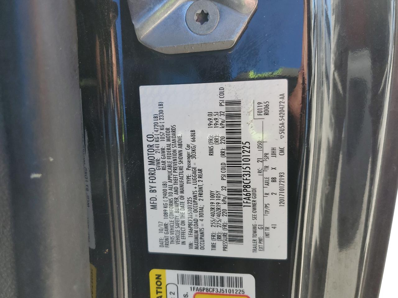 2018 Ford Mustang Gt VIN: 1FA6P8CF3J5101225 Lot: 91421325