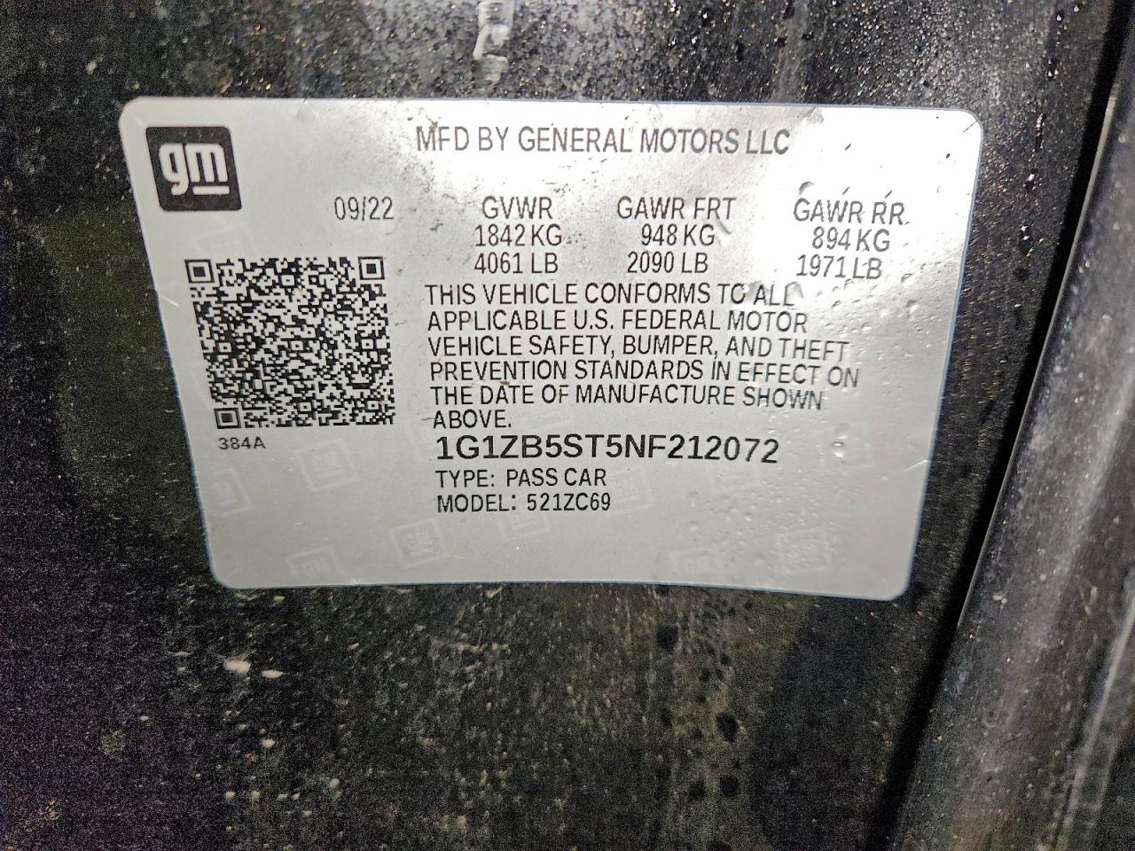 2022 Chevrolet Malibu Ls VIN: 1G1ZB5ST5NF212072 Lot: 93909295