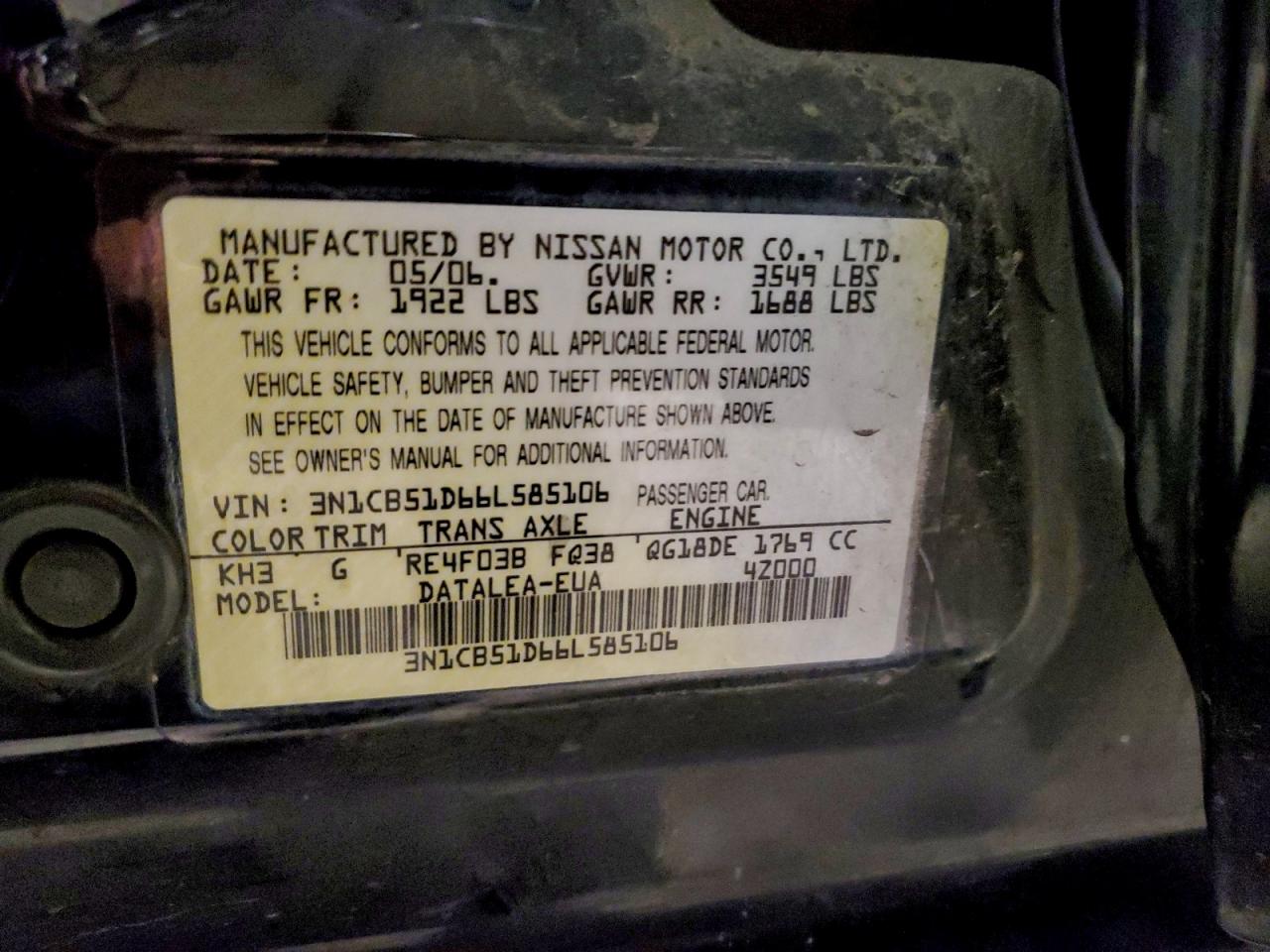 2006 Nissan Sentra 1.8 VIN: 3N1CB51D66L585106 Lot: 93910915