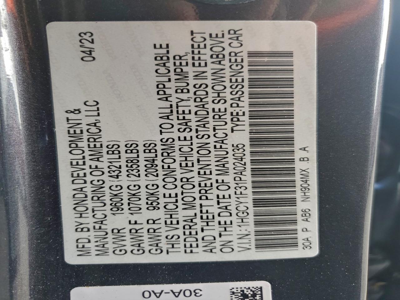 2023 Honda Accord Ex VIN: 1HGCY1F31PA024035 Lot: 94213745