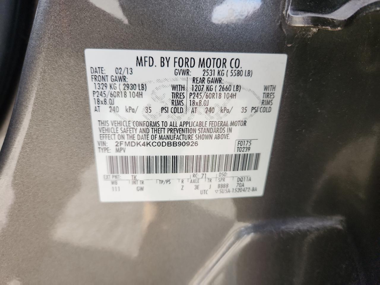 2013 Ford Edge Limited VIN: 2FMDK4KC0DBB90926 Lot: 93297035