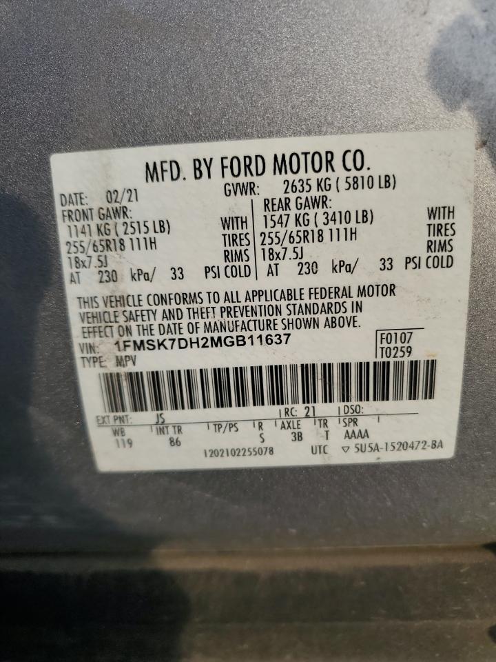 2021 Ford Explorer Xlt VIN: 1FMSK7DH2MGB11637 Lot: 93719755