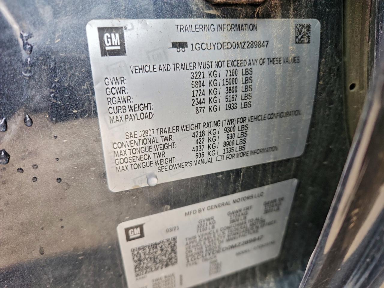 2021 Chevrolet Silverado K1500 Lt VIN: 1GCUYDED0MZ289847 Lot: 93835245