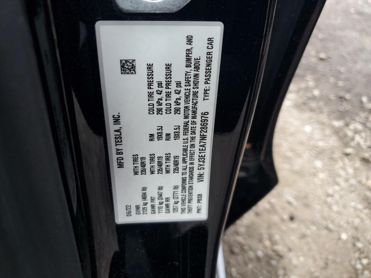 2022 Tesla Model 3 VIN: 5YJ3E1EA7NF286976 Lot: 93514435