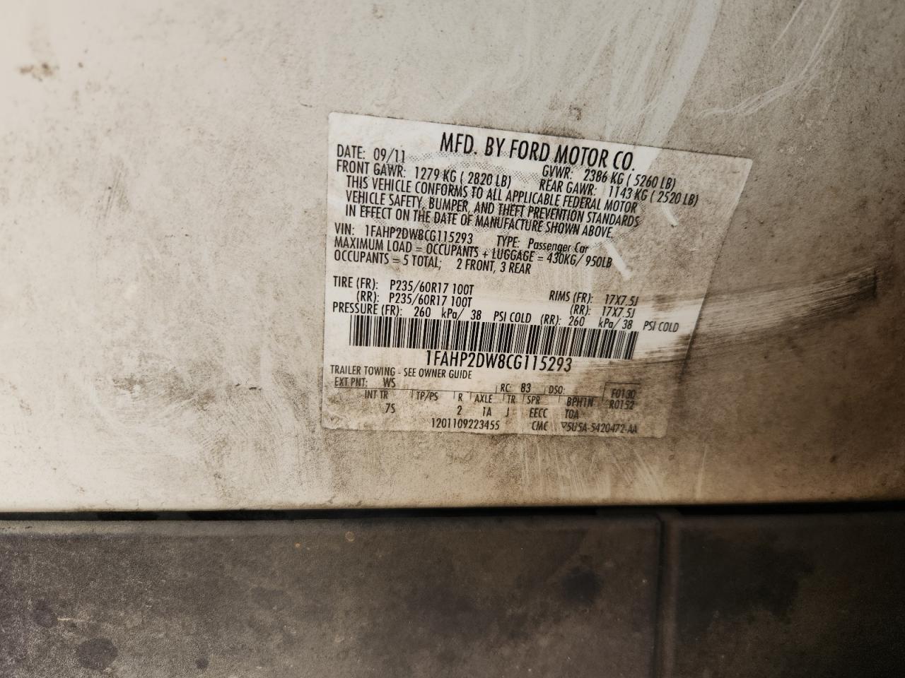 2012 Ford Taurus Se VIN: 1FAHP2DW8CG115293 Lot: 92309825