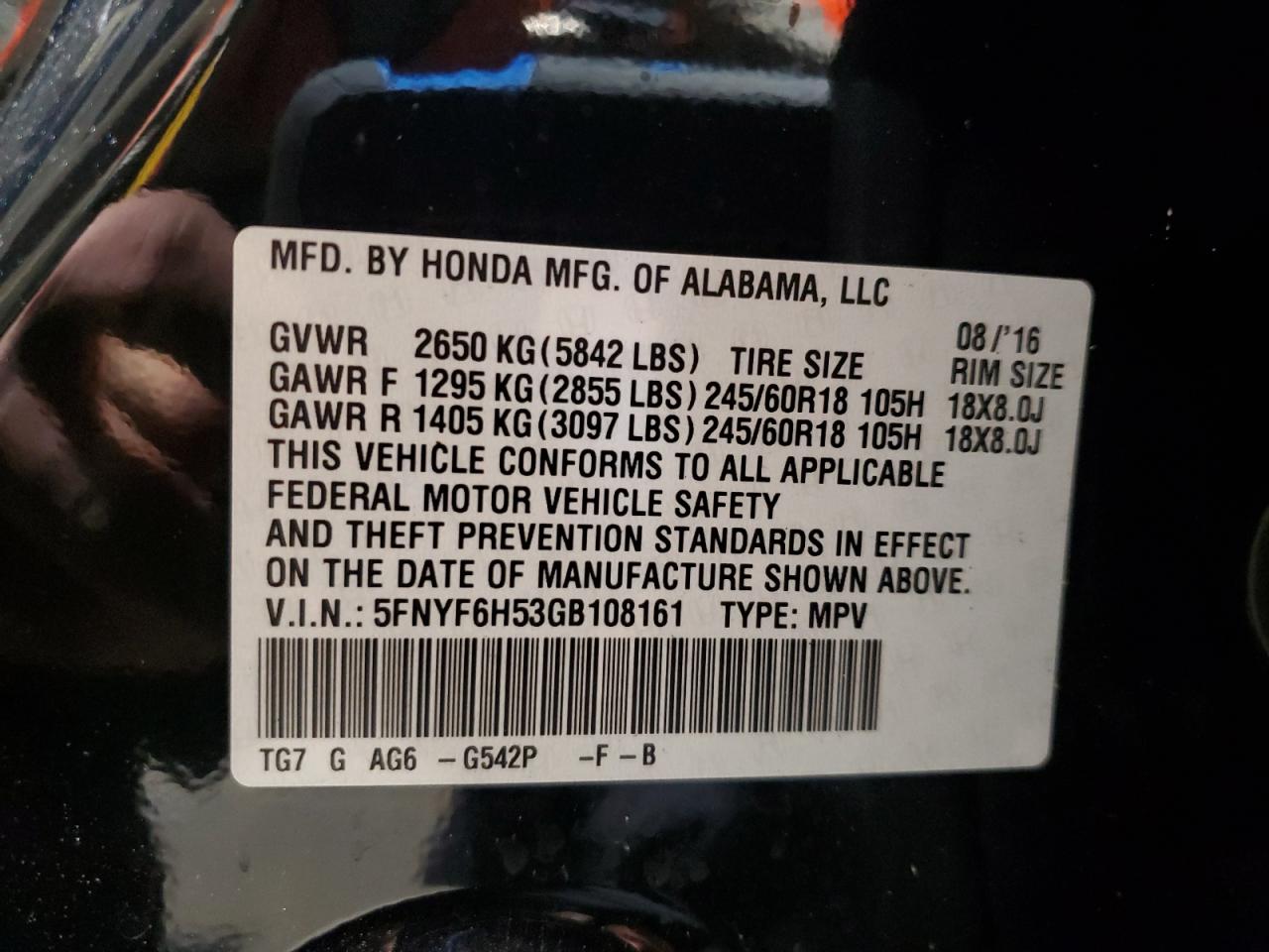 2016 Honda Pilot Exl VIN: 5FNYF6H53GB108161 Lot: 93455415