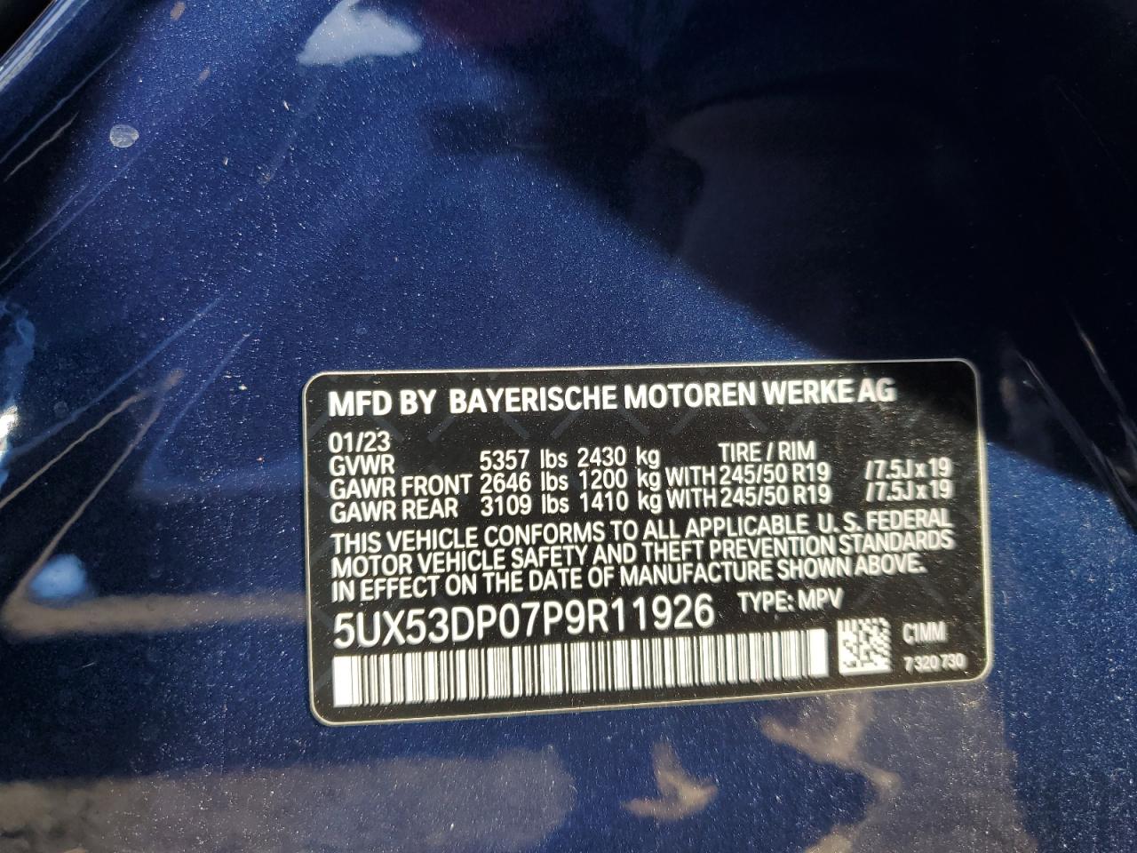 2023 BMW X3 xDrive30I VIN: 5UX53DP07P9R11926 Lot: 93095865