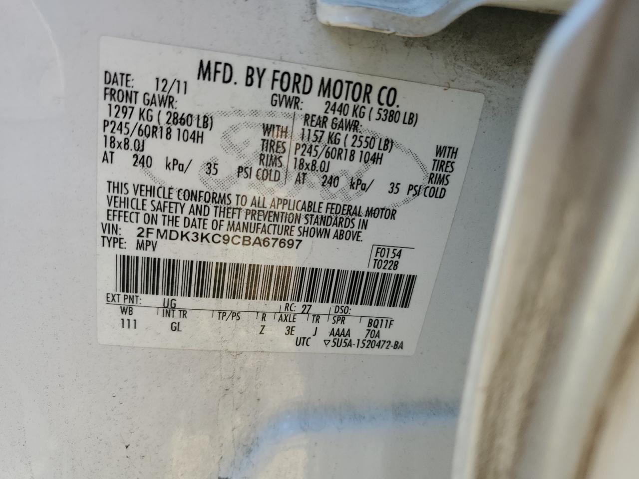 2012 Ford Edge Limited VIN: 2FMDK3KC9CBA67697 Lot: 92667335