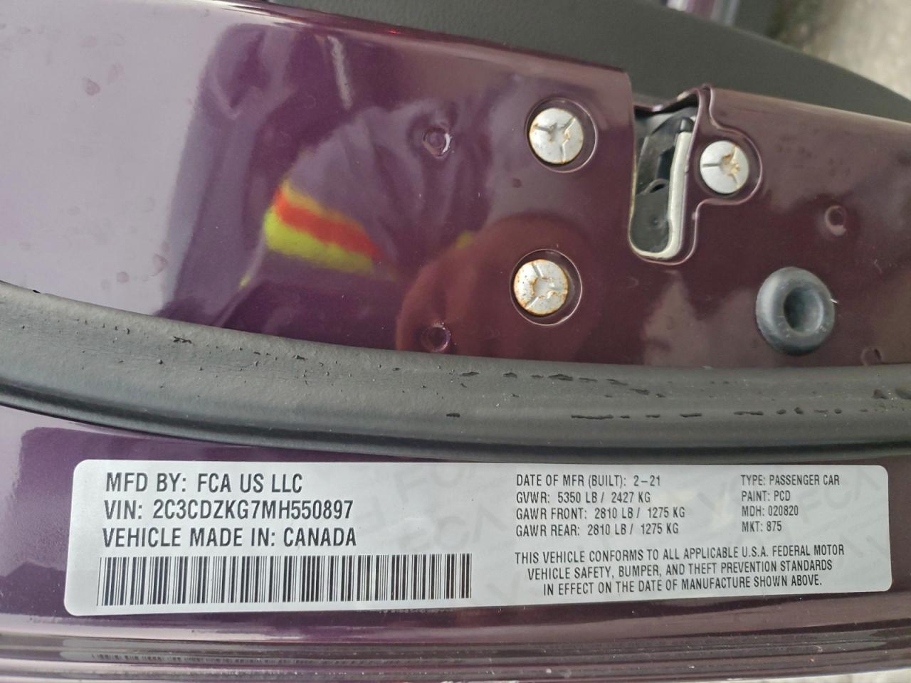 2021 Dodge Challenger Gt VIN: 2C3CDZKG7MH550897 Lot: 93753255