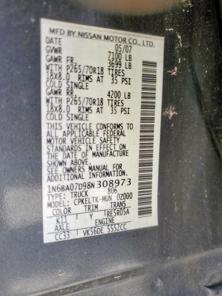 2008 Nissan Titan Xe VIN: 1N6BA07D98N308973 Lot: 92860625
