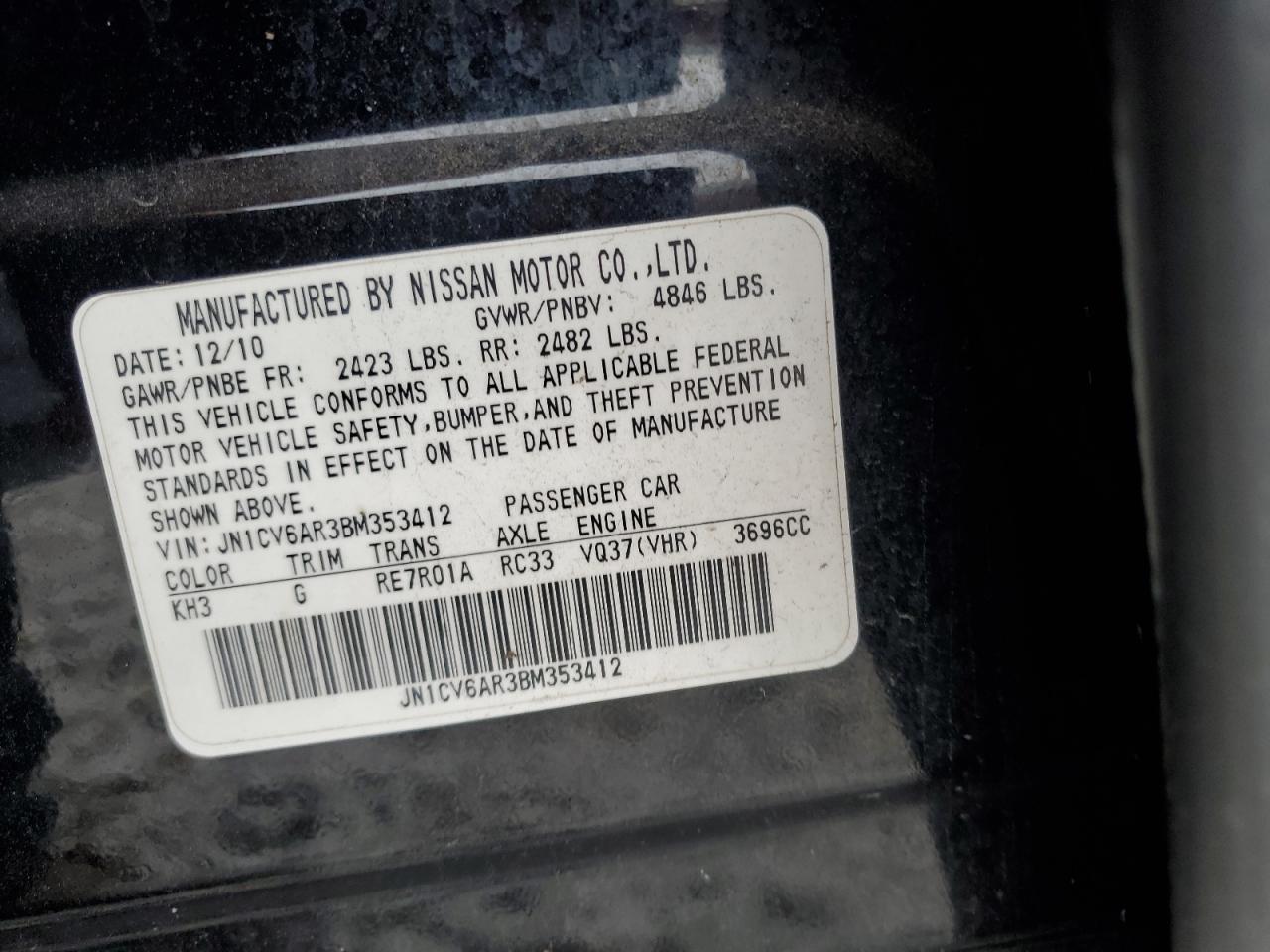 2011 Infiniti G37 VIN: JN1CV6AR3BM353412 Lot: 90979825