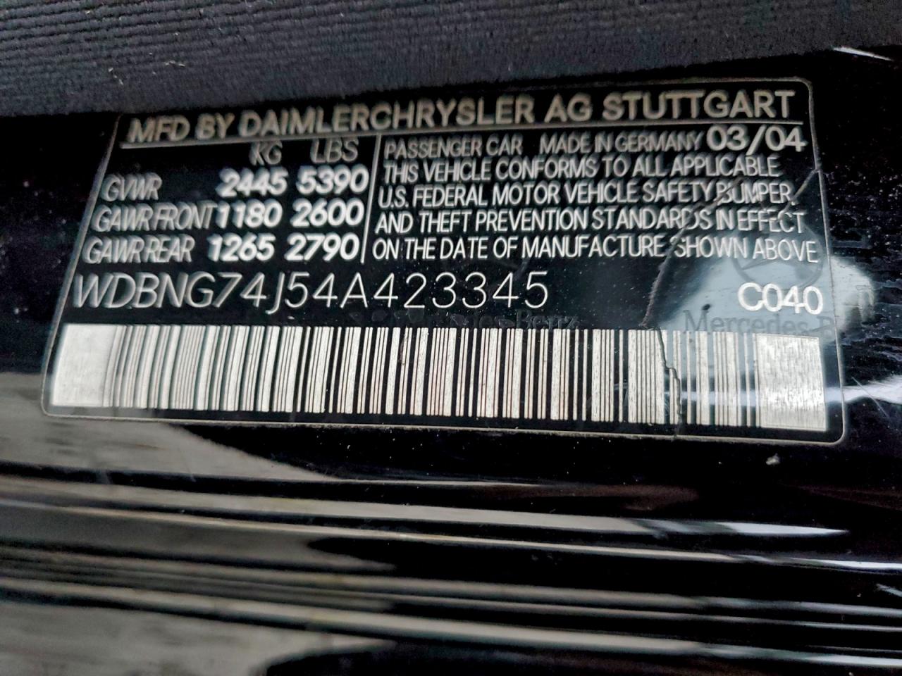 2004 Mercedes-Benz S 55 Amg VIN: WDBNG74J54A423345 Lot: 92512795