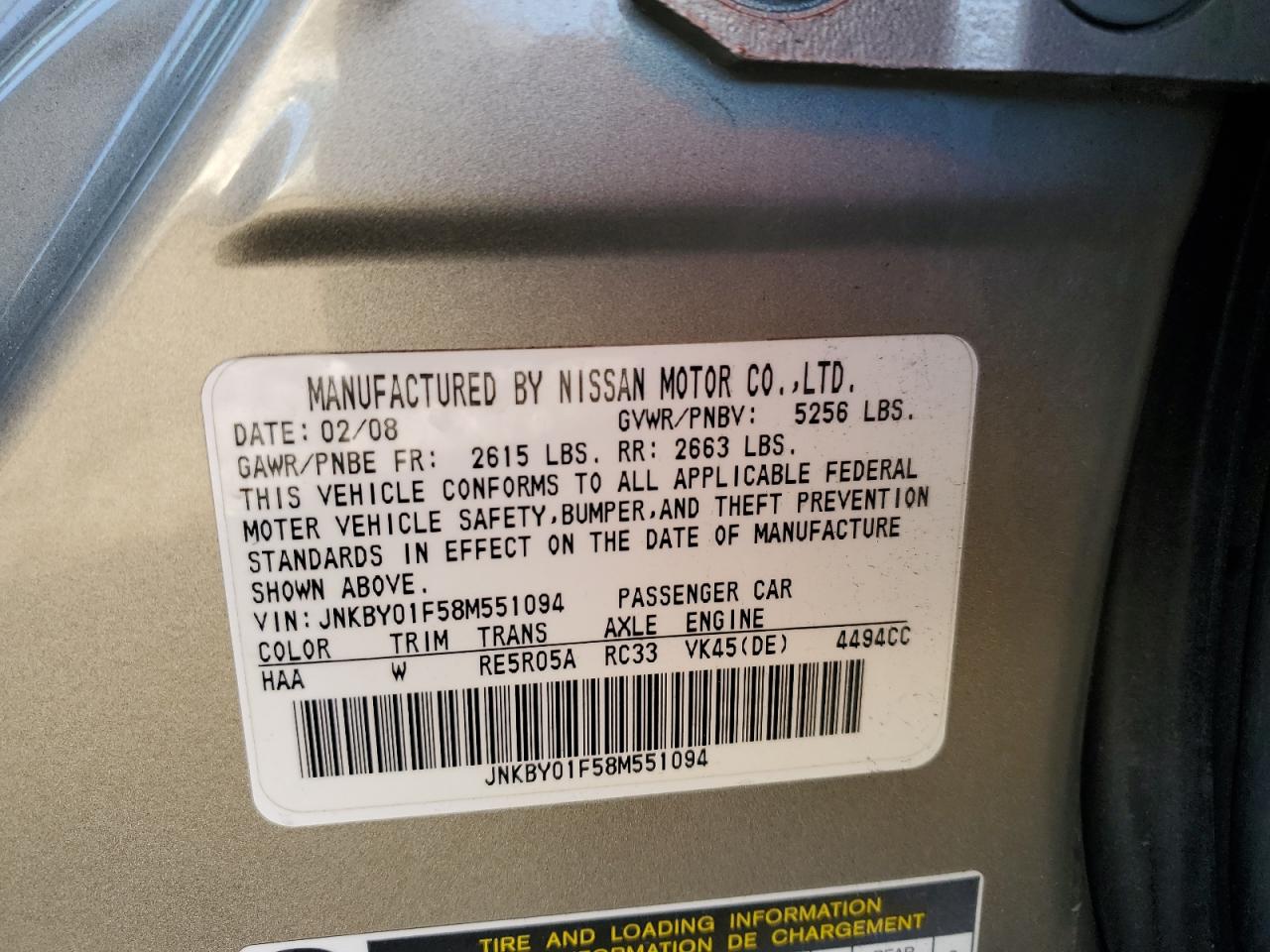 2008 Infiniti M45 VIN: JNKBY01F58M551094 Lot: 91758035