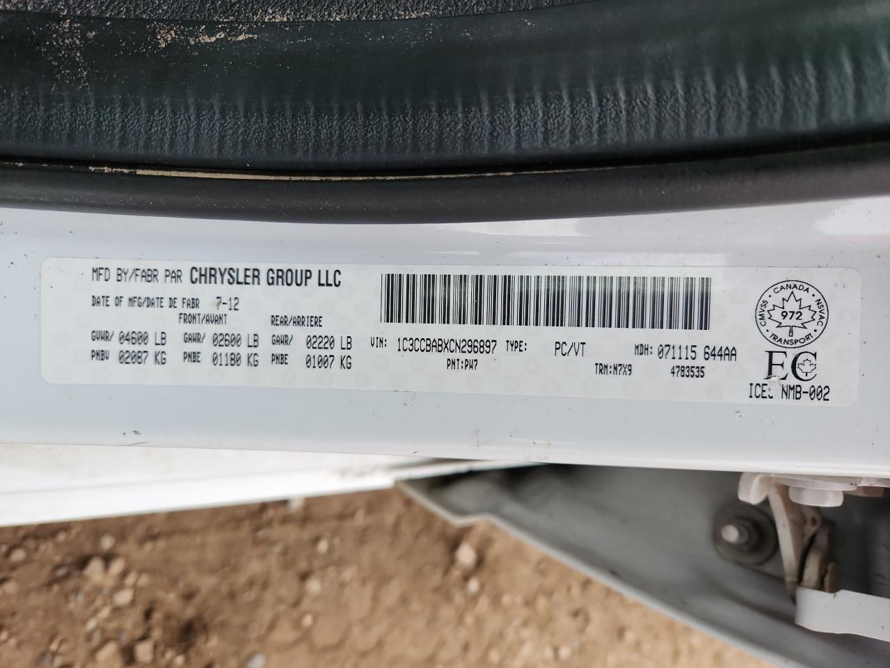 2012 Chrysler 200 Lx VIN: 1C3CCBABXCN296897 Lot: 92648975