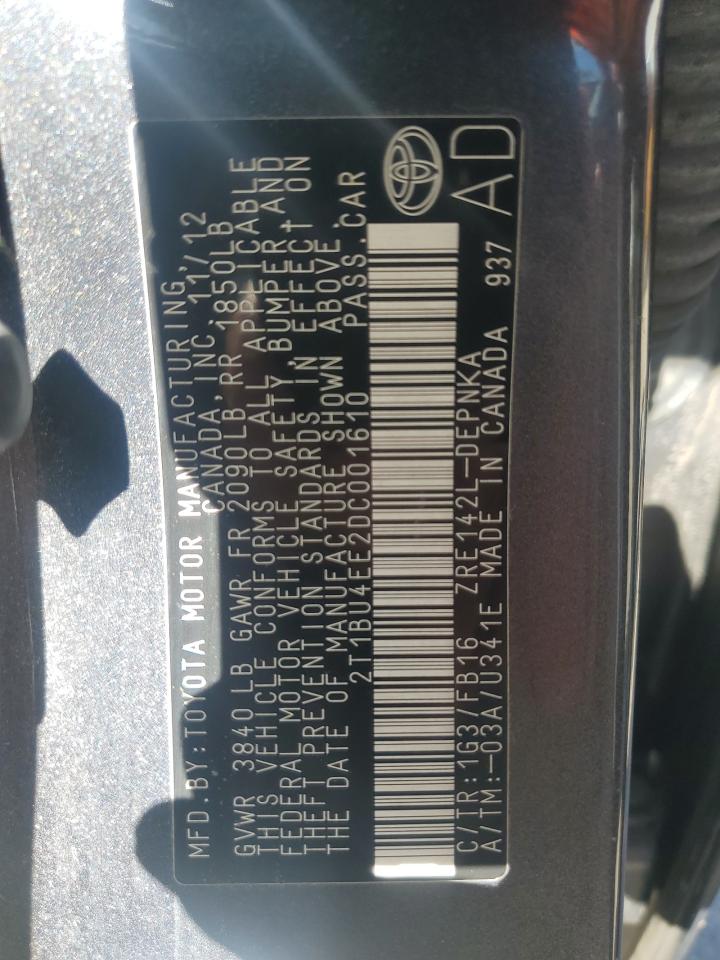 2013 Toyota Corolla Base VIN: 2T1BU4EE2DC001610 Lot: 91584765