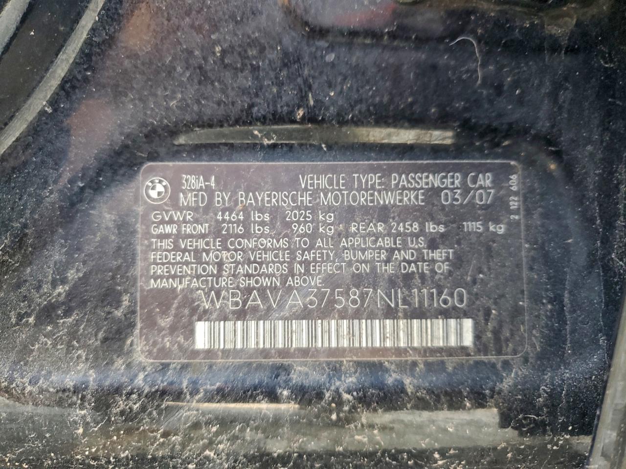 2007 BMW 328 I VIN: WBAVA37587NL11160 Lot: 93961135
