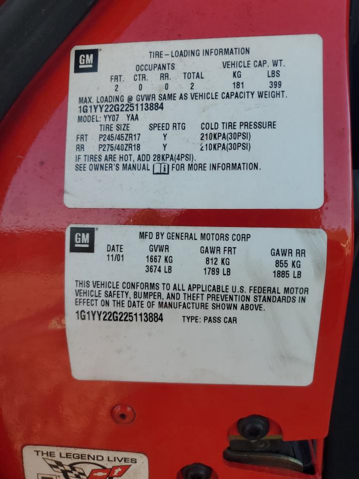 2002 Chevrolet Corvette VIN: 1G1YY22G225113884 Lot: 91263635