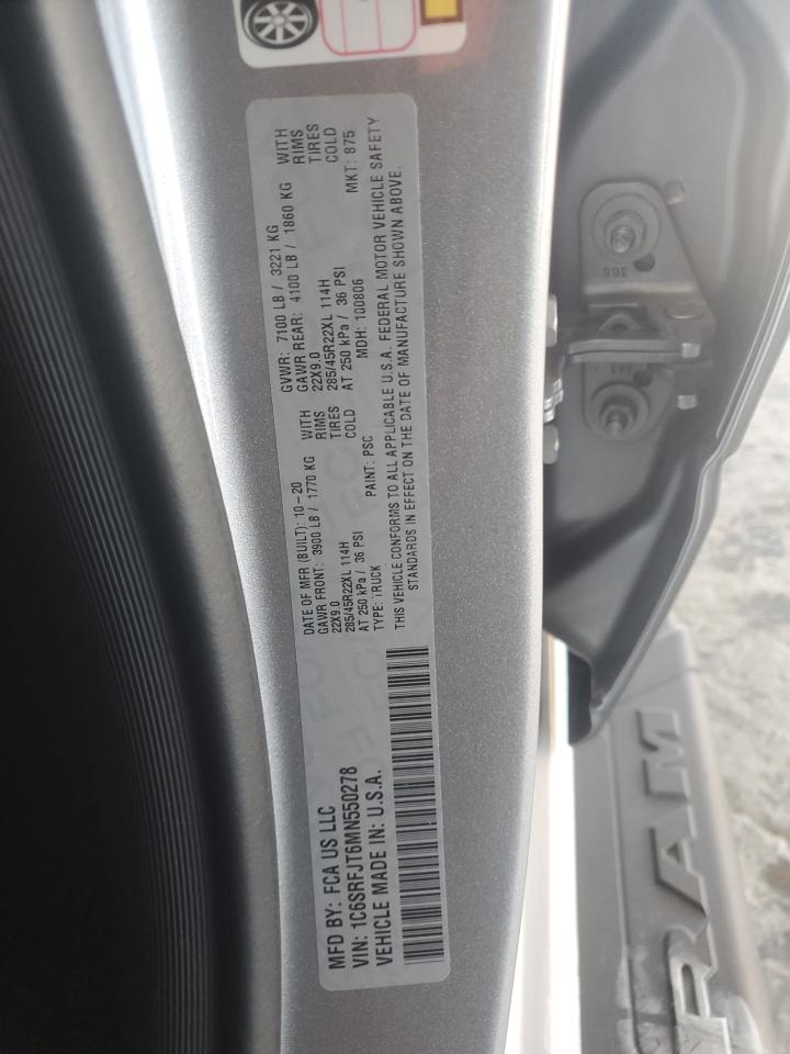 2021 Ram 1500 Laramie VIN: 1C6SRFJT6MN550278 Lot: 91864385