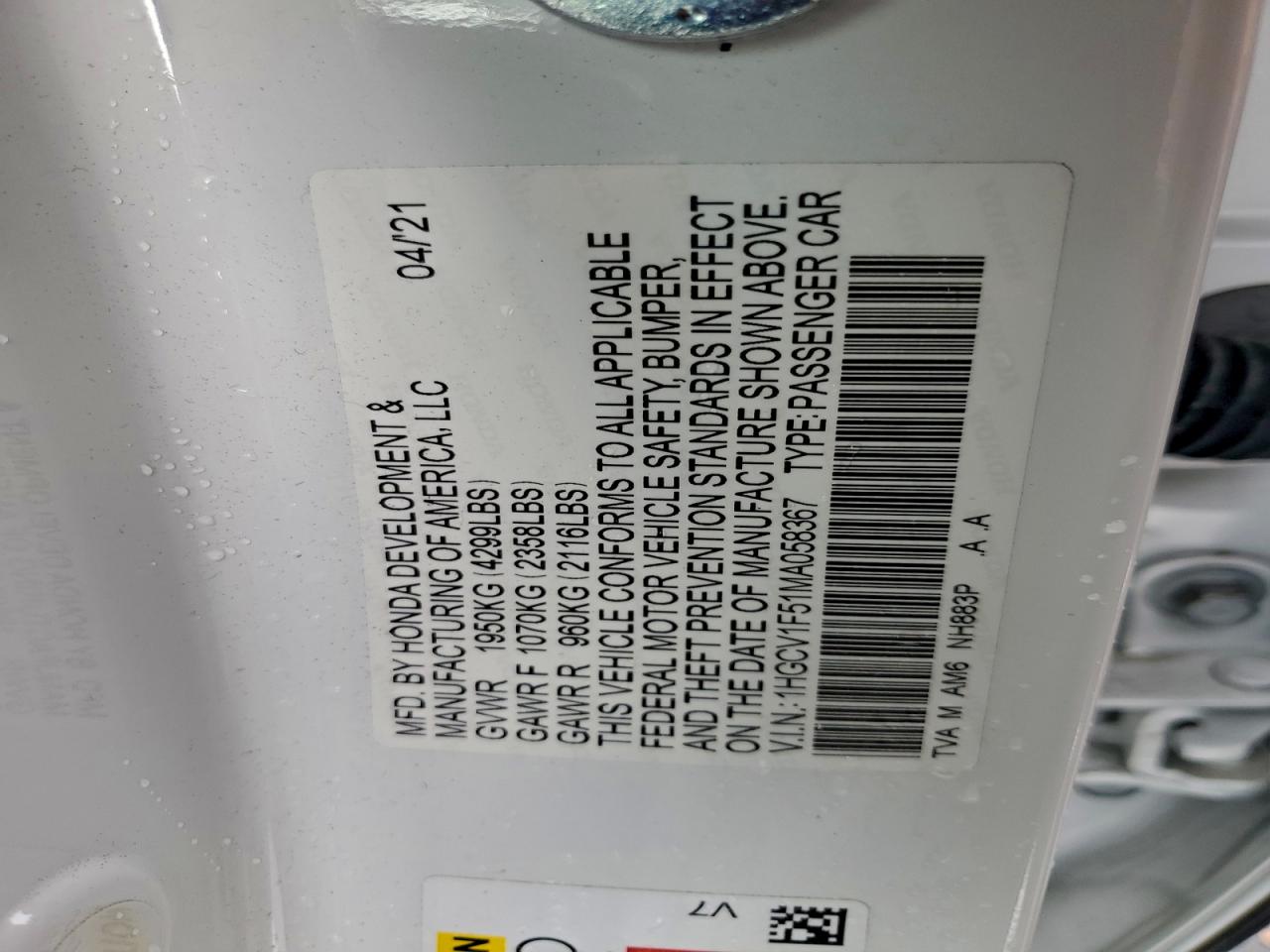 2021 Honda Accord Exl VIN: 1HGCV1F51MA058367 Lot: 93939595