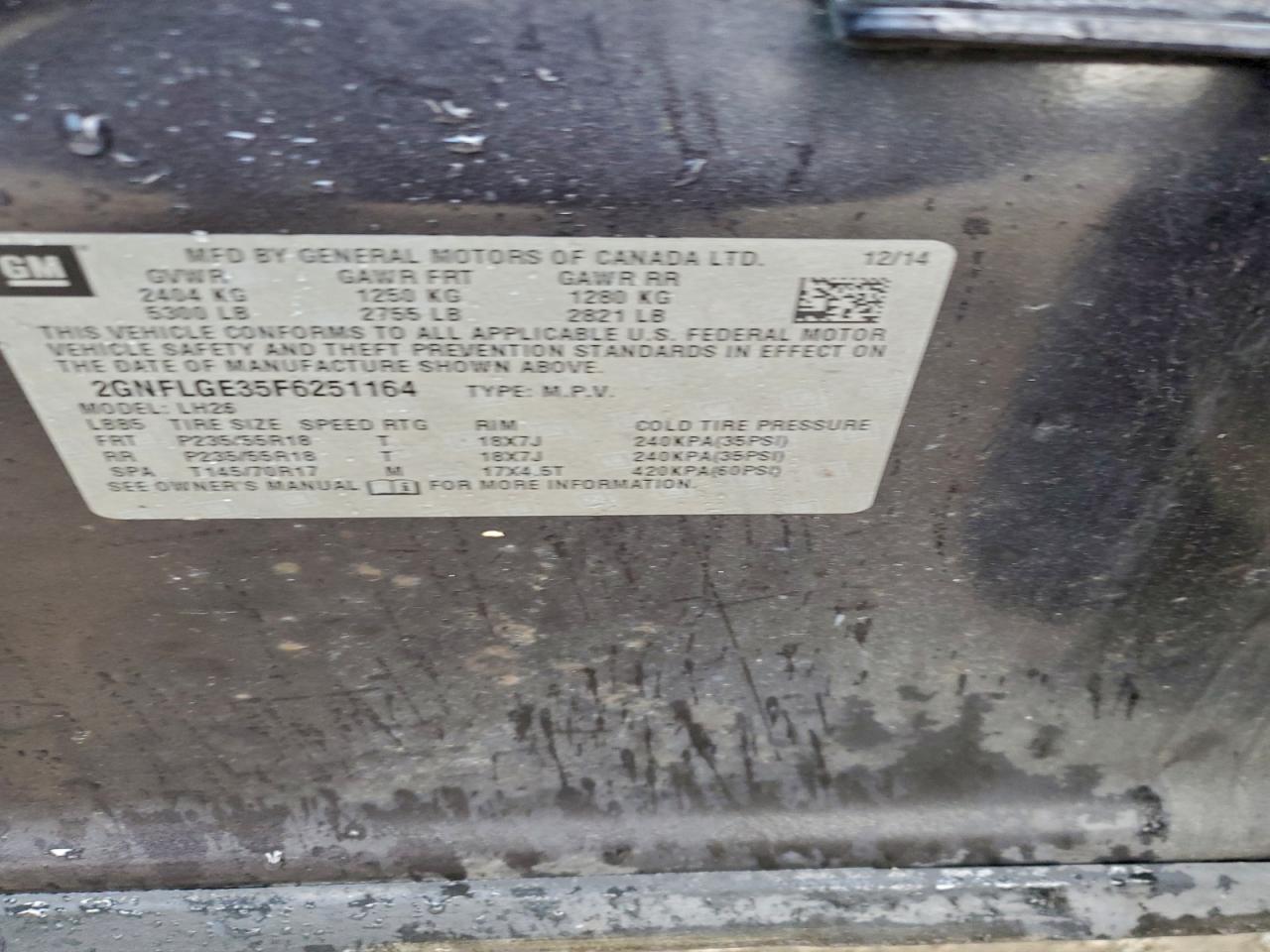 2015 Chevrolet Equinox Lt VIN: 2GNFLGE35F6251164 Lot: 93956535