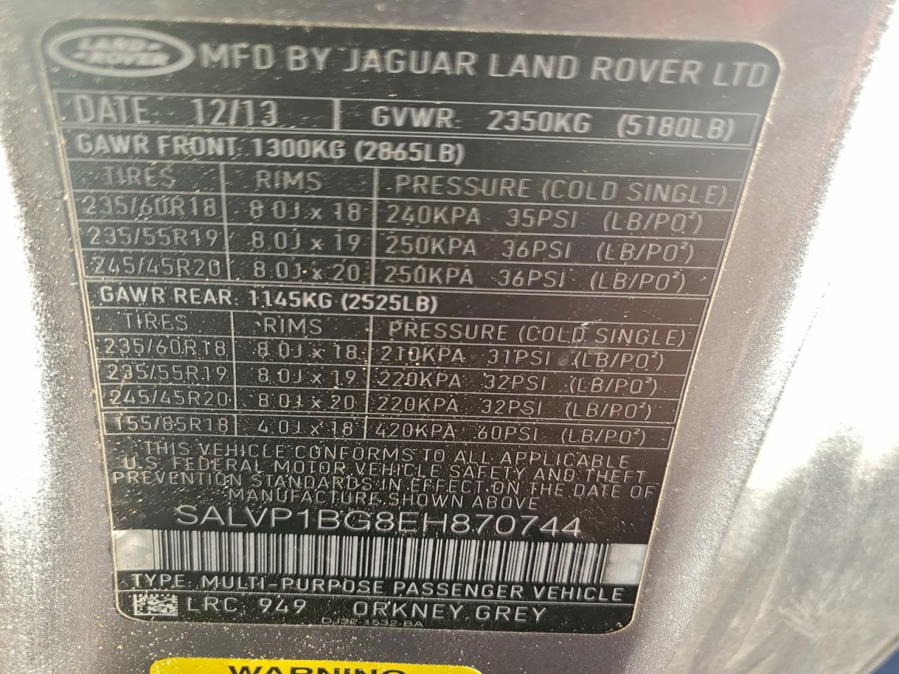 2014 Land Rover Range Rover Evoque Pure Plus VIN: SALVP1BG8EH870744 Lot: 92599975