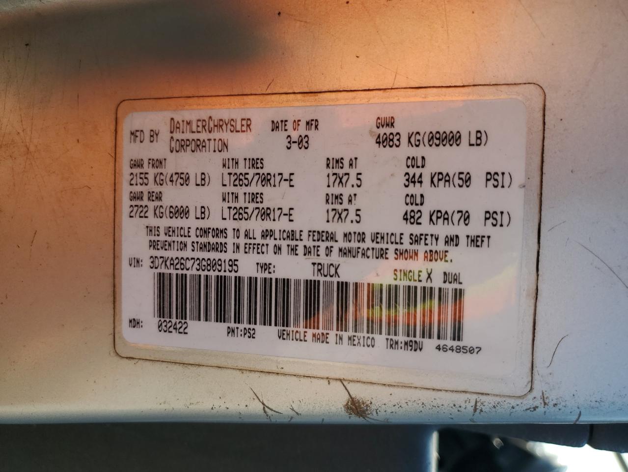 2003 Dodge Ram 2500 St VIN: 3D7KA26C73G809195 Lot: 93110375