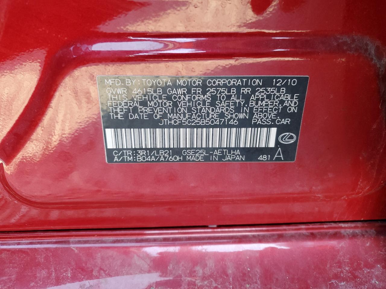 2011 Lexus Is 250 VIN: JTHCF5C25B5047146 Lot: 92619665