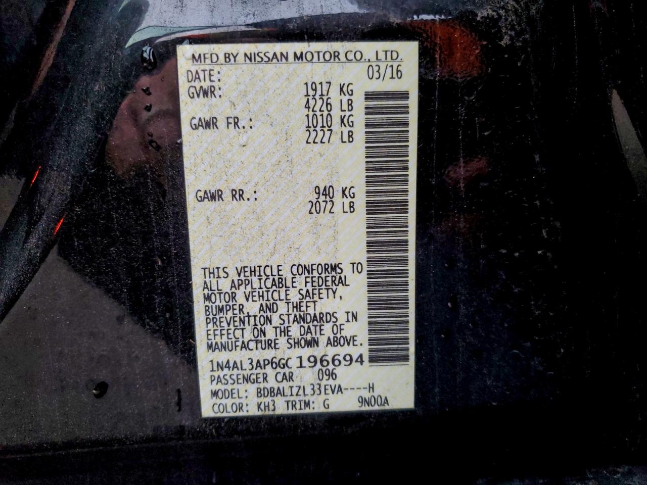 2016 Nissan Altima 2.5 VIN: 1N4AL3AP6GC196694 Lot: 93951035