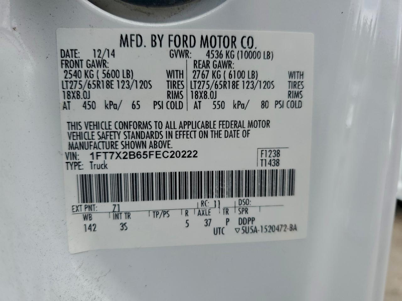 2015 Ford F250 Super Duty VIN: 1FT7X2B65FEC20222 Lot: 93459245