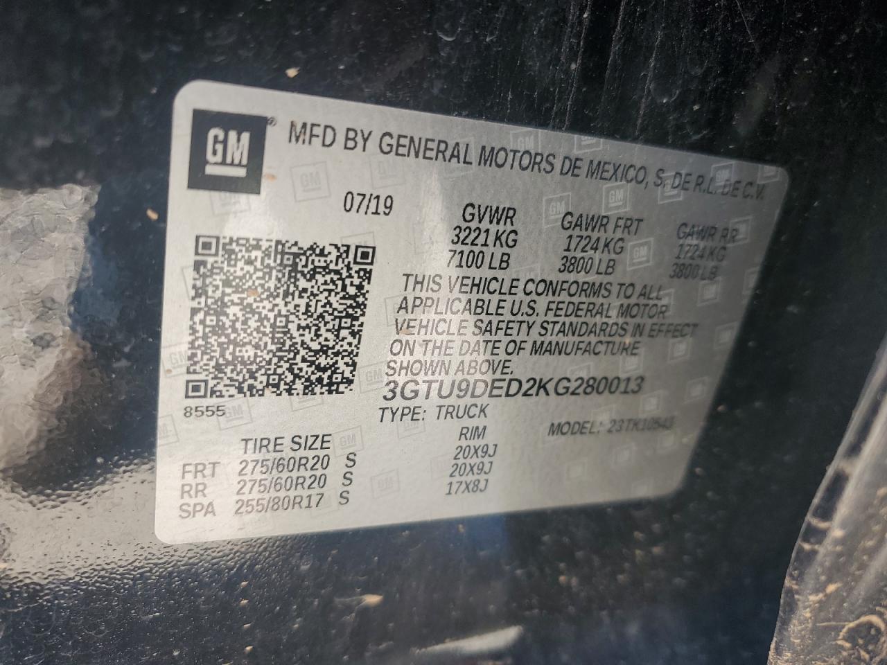 2019 GMC Sierra K1500 Slt VIN: 3GTU9DED2KG280013 Lot: 92068235