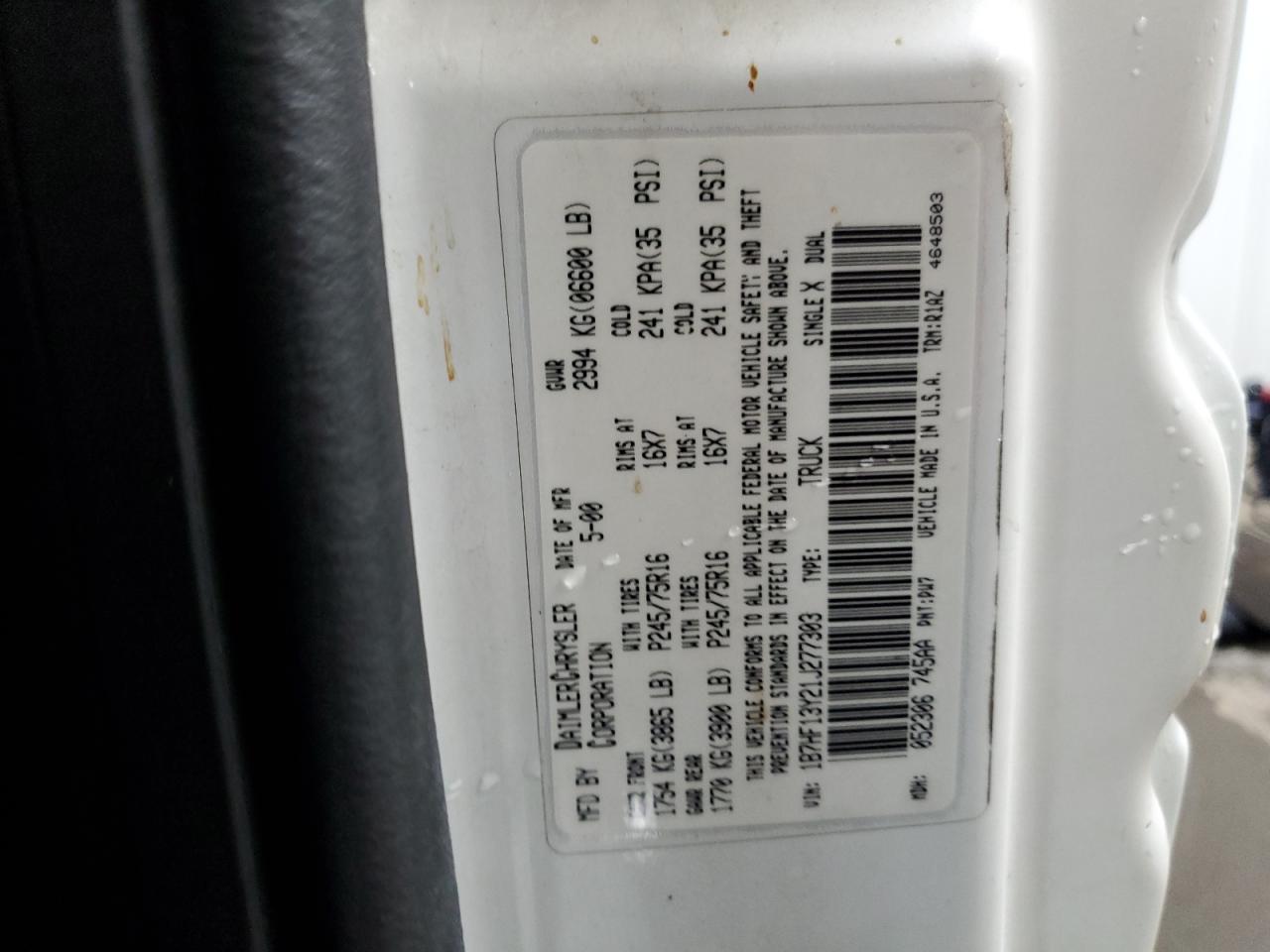 2001 Dodge Ram 1500 VIN: 1B7HF13Y21J277303 Lot: 92217235