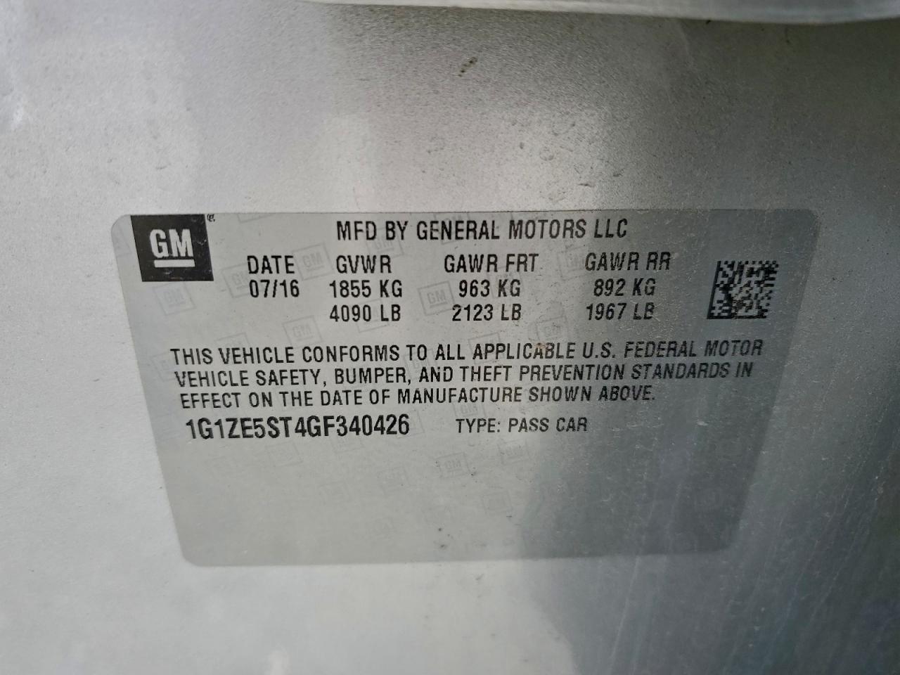 2016 Chevrolet Malibu Lt VIN: 1G1ZE5ST4GF340426 Lot: 94072125