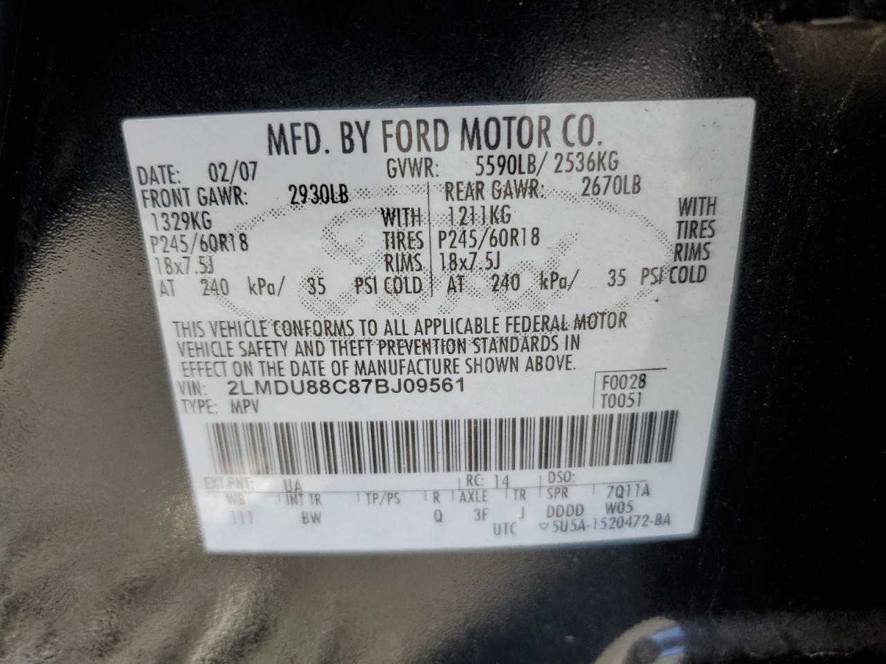 2007 Lincoln Mkx VIN: 2LMDU88C87BJ09561 Lot: 92239945