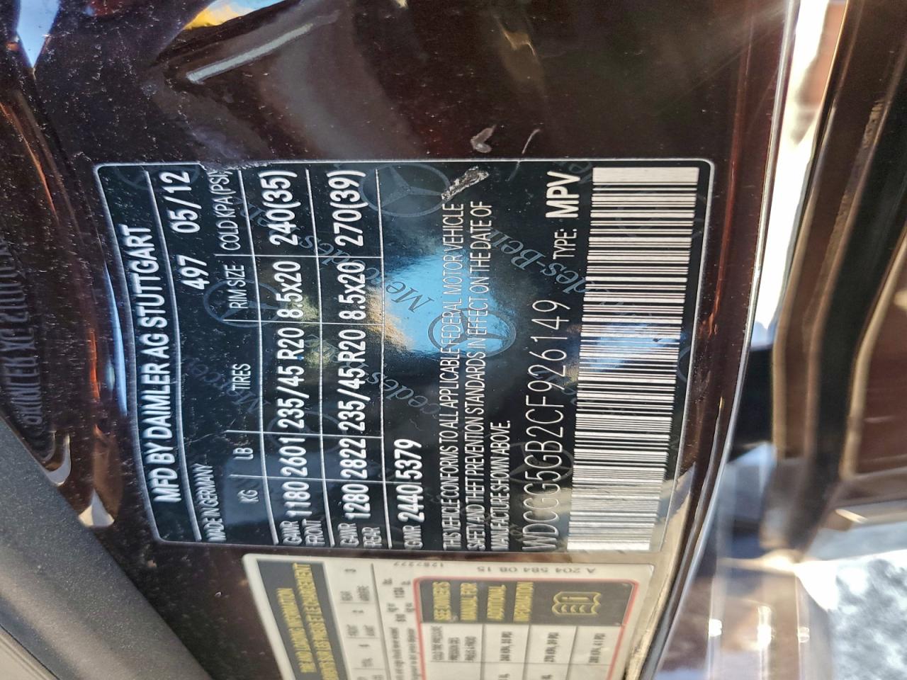 2012 Mercedes-Benz Glk 350 VIN: WDCGG5GB2CF926149 Lot: 93998285