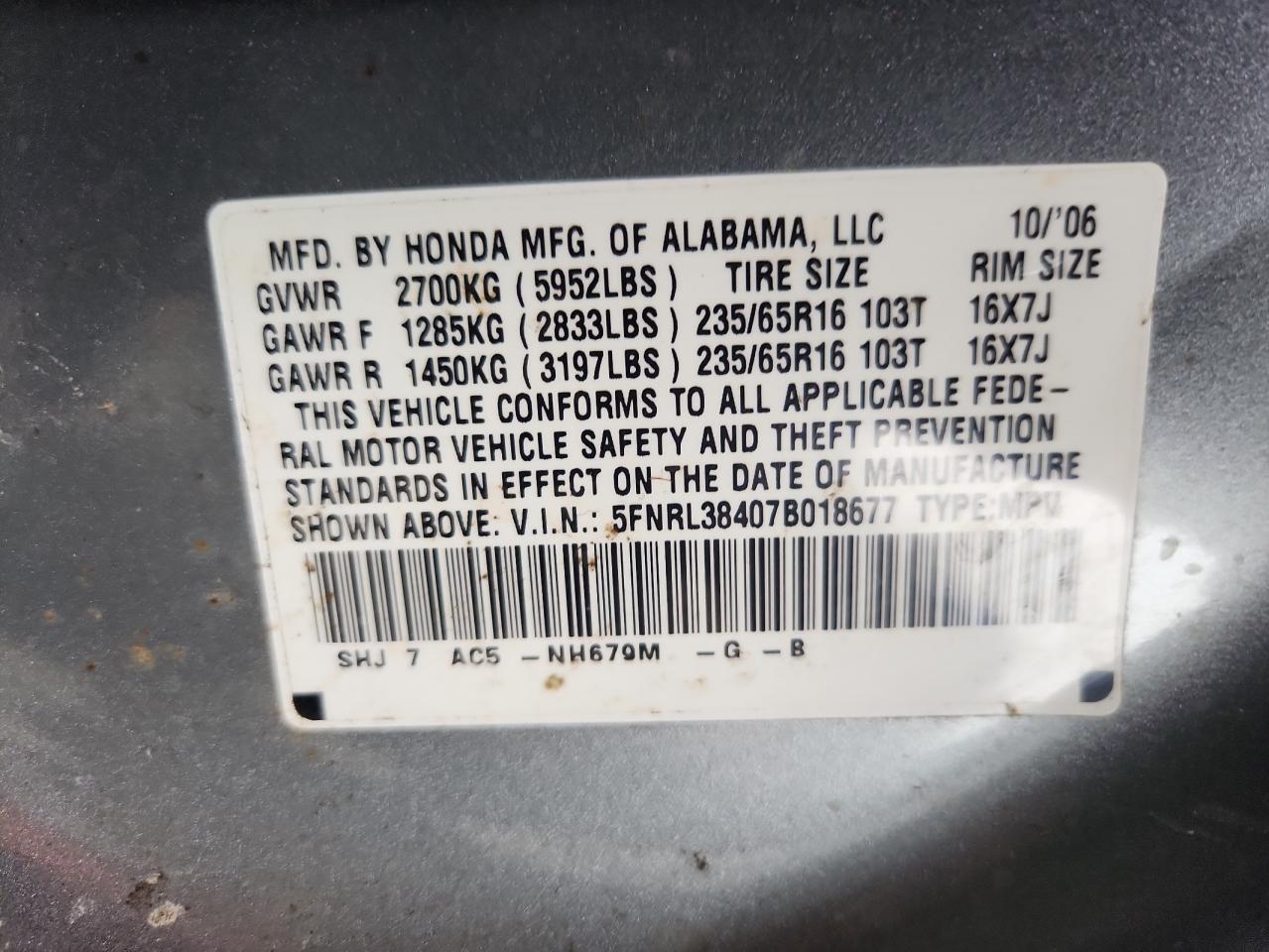 2007 Honda Odyssey Ex VIN: 5FNRL38407B018677 Lot: 93879975