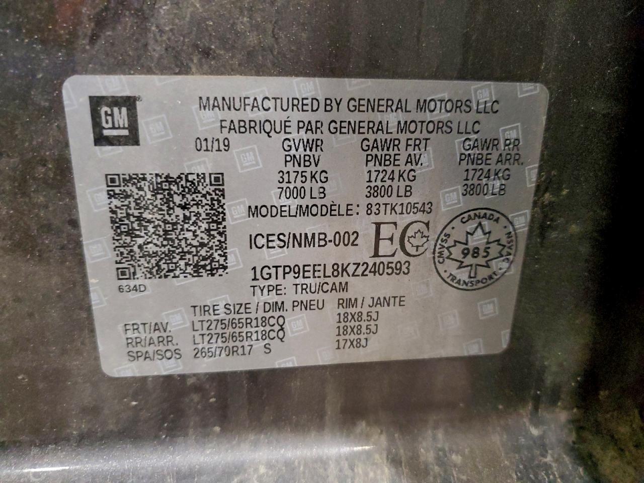 2019 GMC Sierra K1500 At4 VIN: 1GTP9EEL8KZ240593 Lot: 94188275