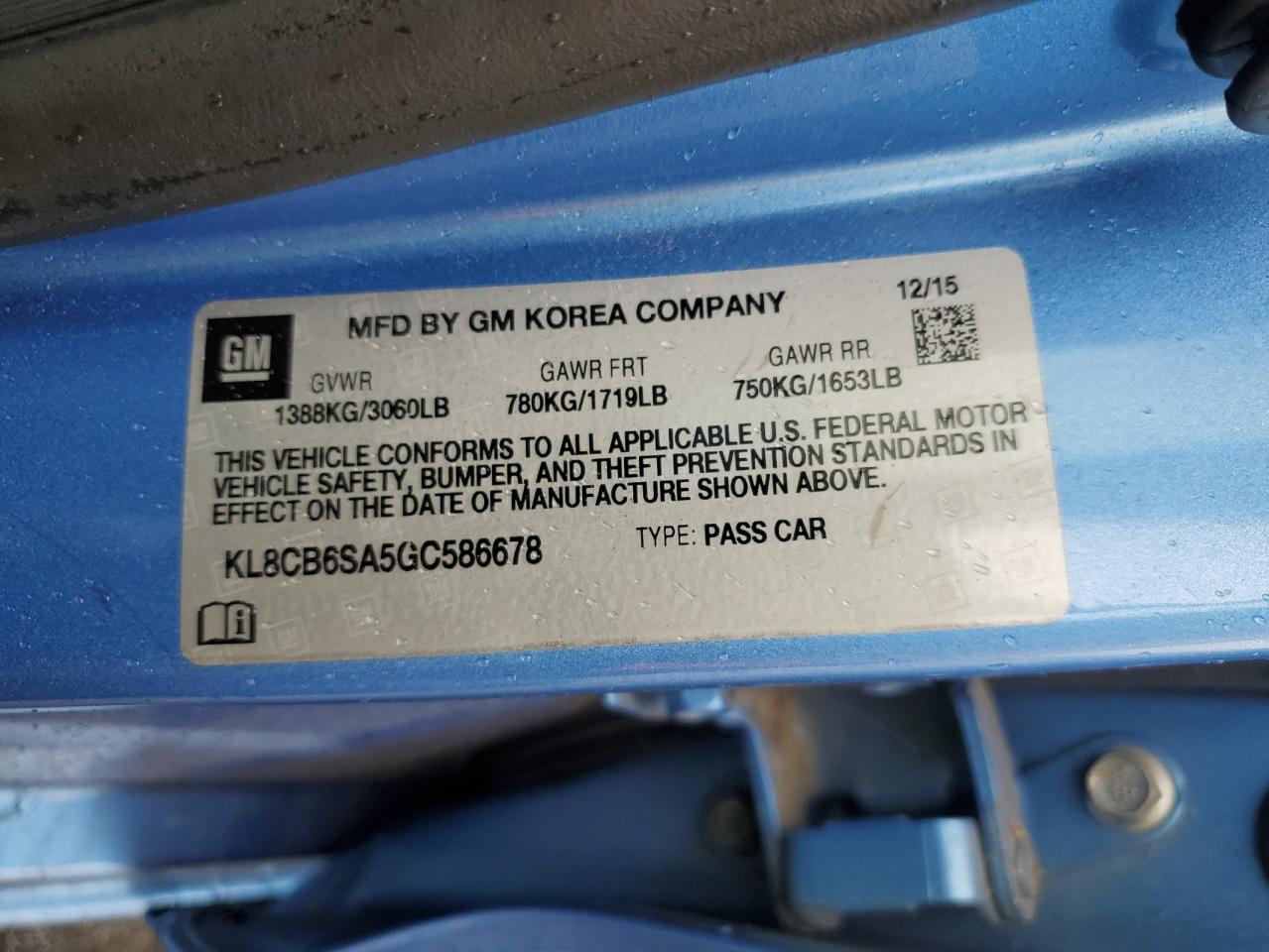 2016 Chevrolet Spark Ls VIN: KL8CB6SA5GC586678 Lot: 93109765