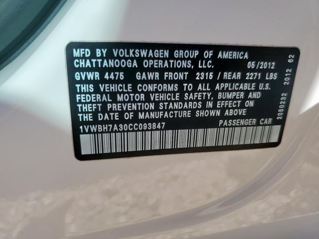 2012 Volkswagen Passat Se VIN: 1VWBH7A30CC093847 Lot: 92417545