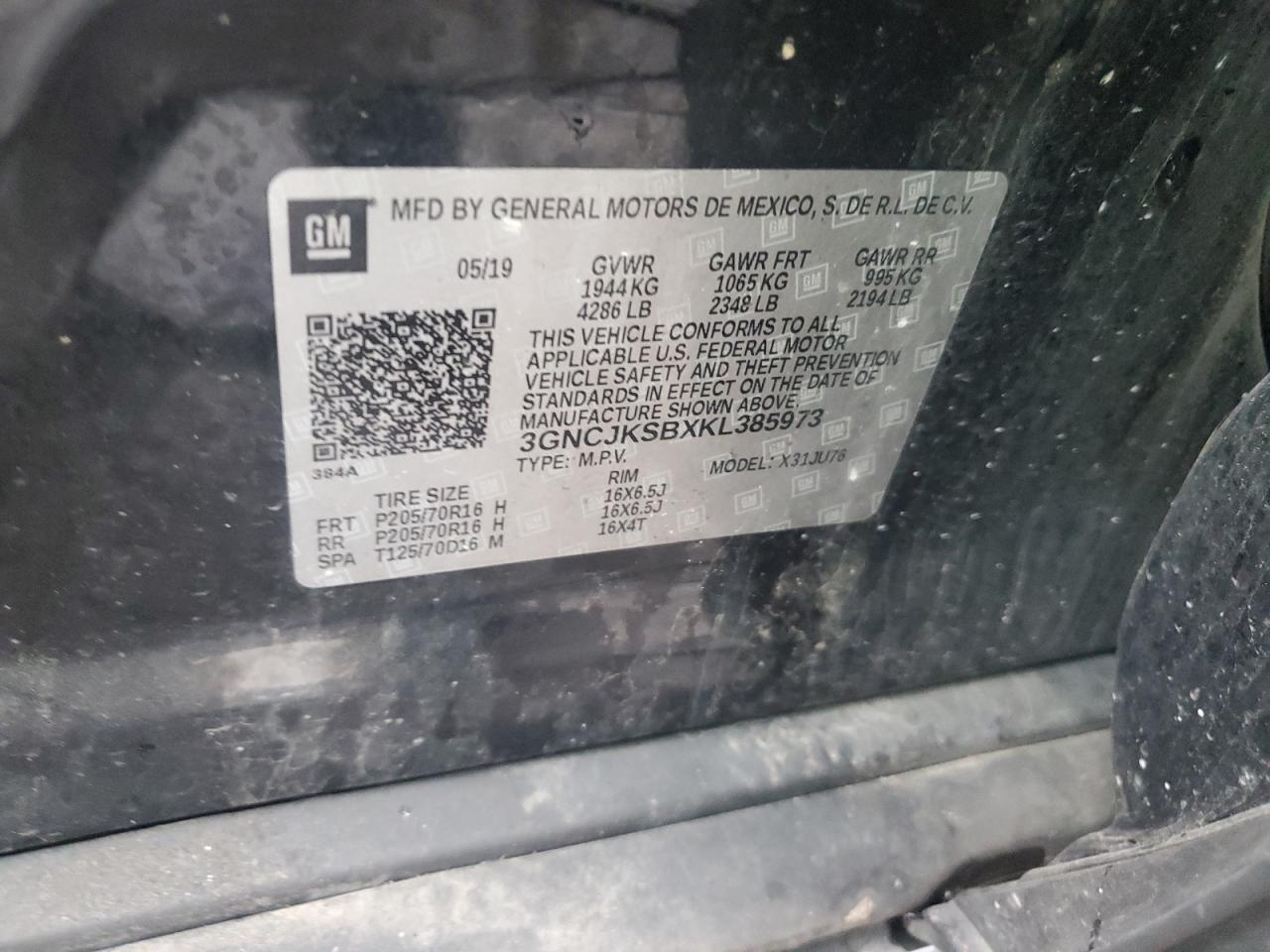 2019 Chevrolet Trax Ls VIN: 3GNCJKSBXKL385973 Lot: 90934815