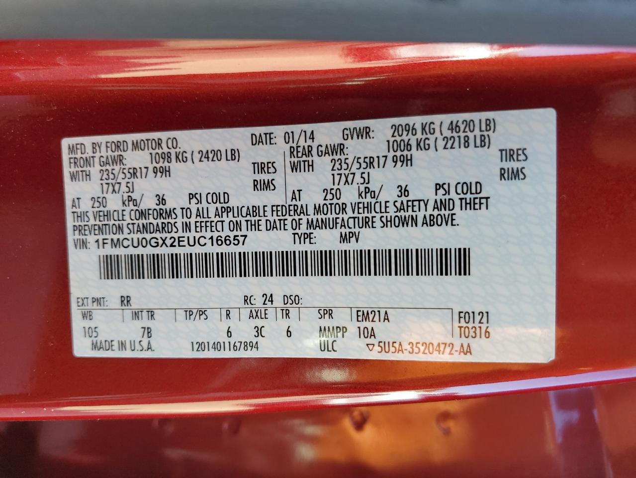 2014 Ford Escape Se VIN: 1FMCU0GX2EUC16657 Lot: 92824865