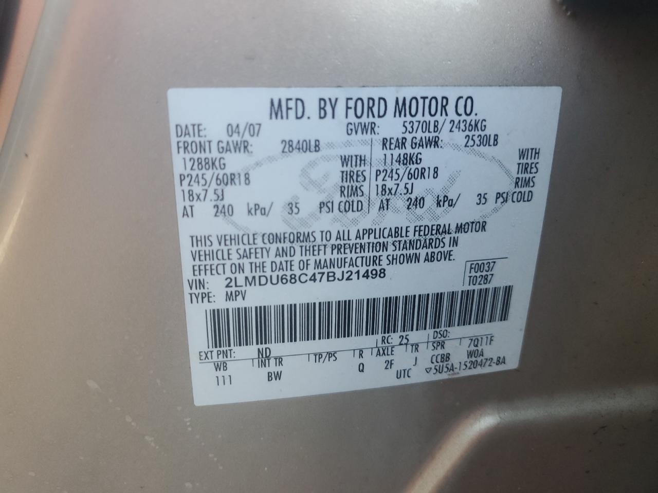 2007 Lincoln Mkx VIN: 2LMDU68C47BJ21498 Lot: 93202955