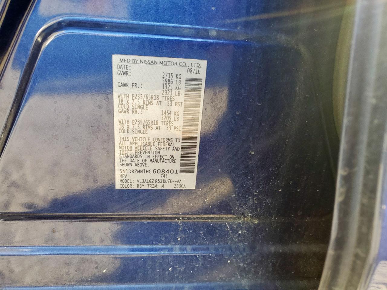 2017 Nissan Pathfinder S VIN: 5N1DR2MN1HC608401 Lot: 90434655