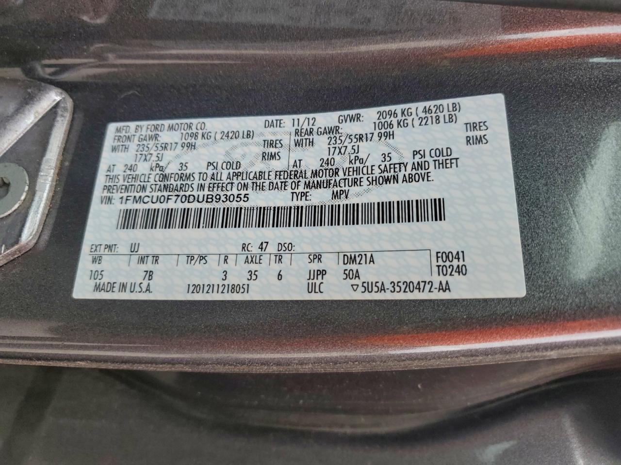 2013 Ford Escape S VIN: 1FMCU0F70DUB93055 Lot: 94728535