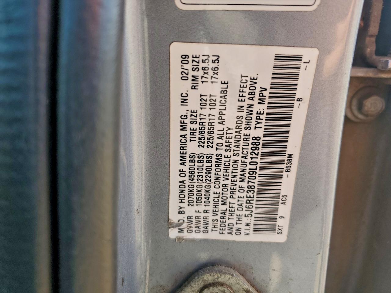 2009 Honda Cr-V Exl VIN: 5J6RE38709L012988 Lot: 94117605