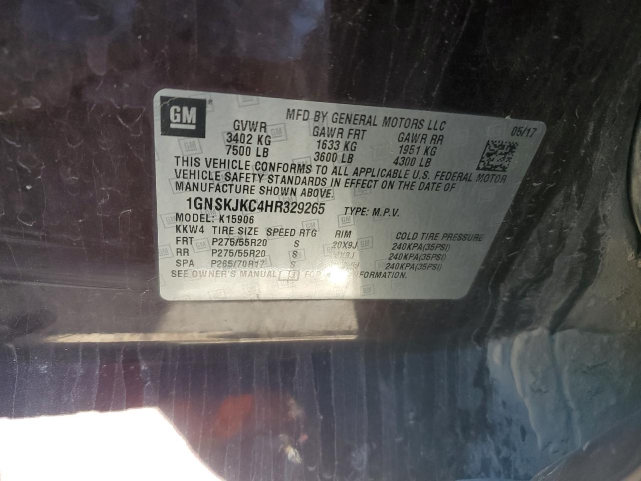 2017 Chevrolet Suburban K1500 Premier VIN: 1GNSKJKC4HR329265 Lot: 90828535